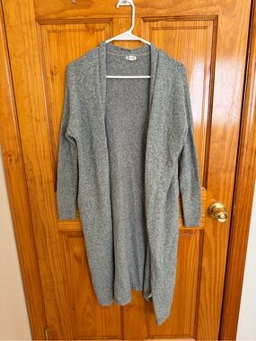 Long Open-Front Gray Knit Cardigan Sweater